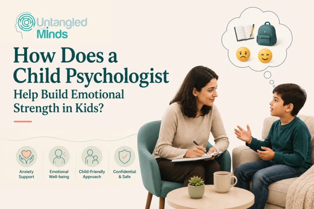 Illustration of a child psychologist talking to a young boy about emotional awareness, resilience, and coping skills.